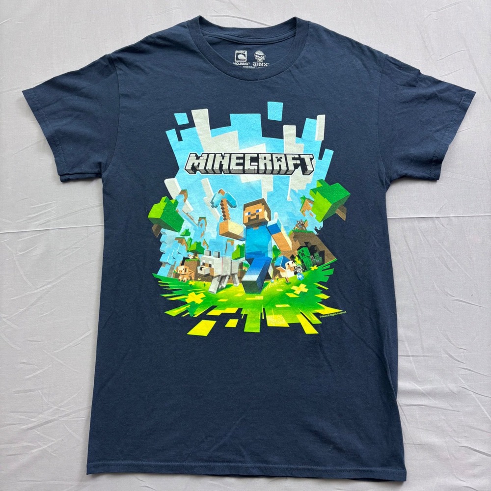 Minecraft Jinx Steve Wolf Creeper Graphic T-Shirt Mens Small Navy Blue Cotton